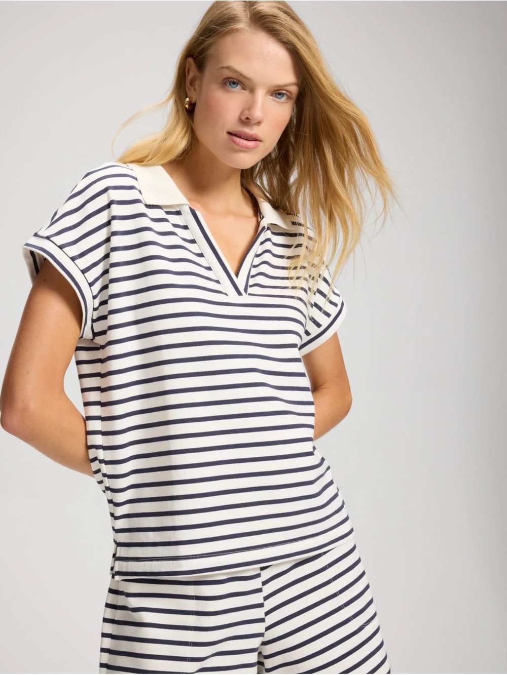 Soma Essential Terry Extended Shoulder Sweatshirt in navy and white stripes.